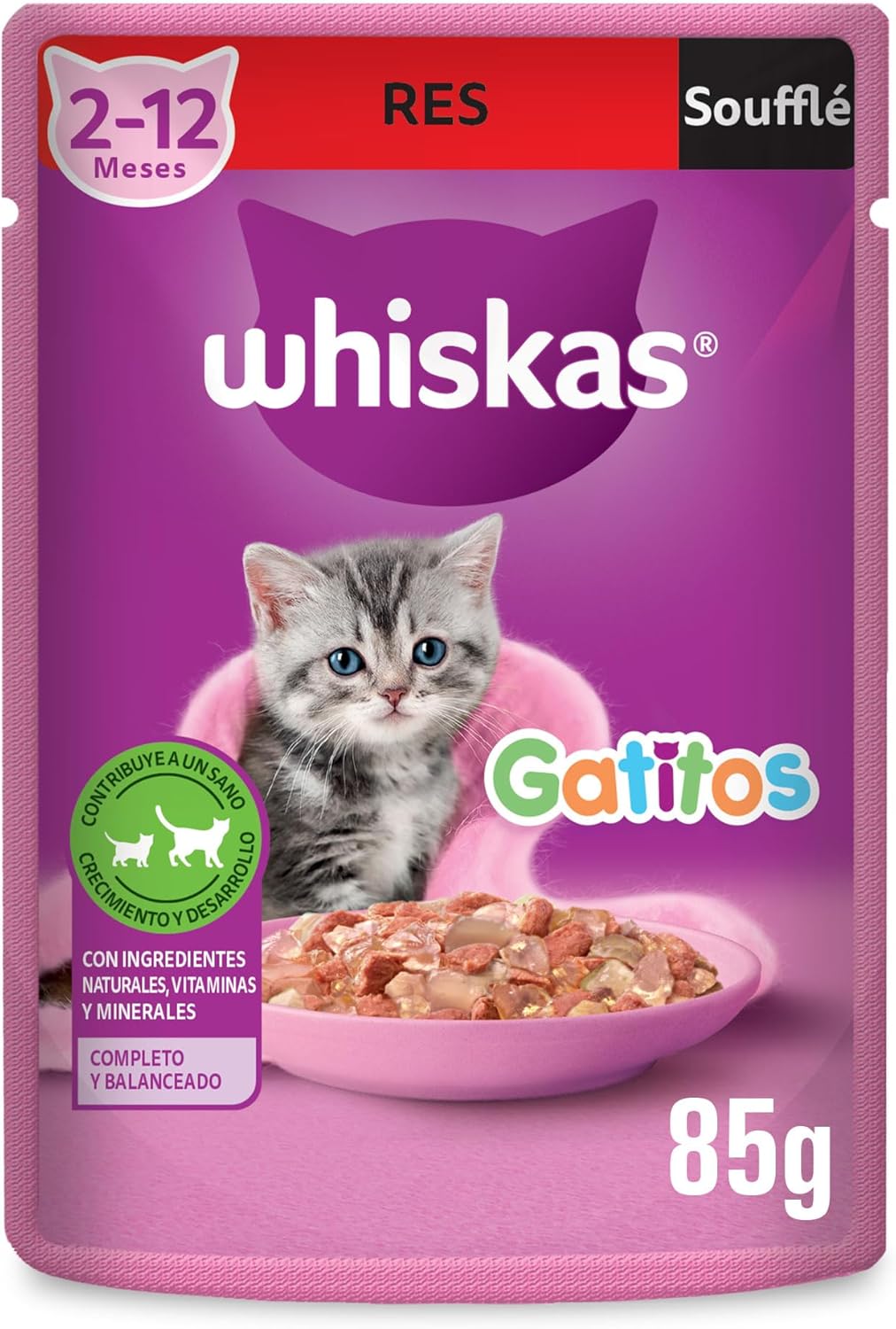 Whiskas Alimento Húmedo para Gatitos, Sabor Soufflé De Res 85g c/u. Paquete de 24 Unidades