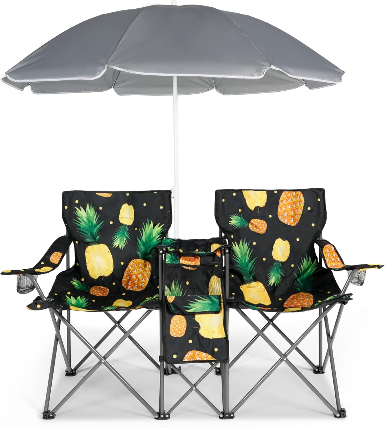 Silla de picnic portátil doble plegable con soporte para sombrillas