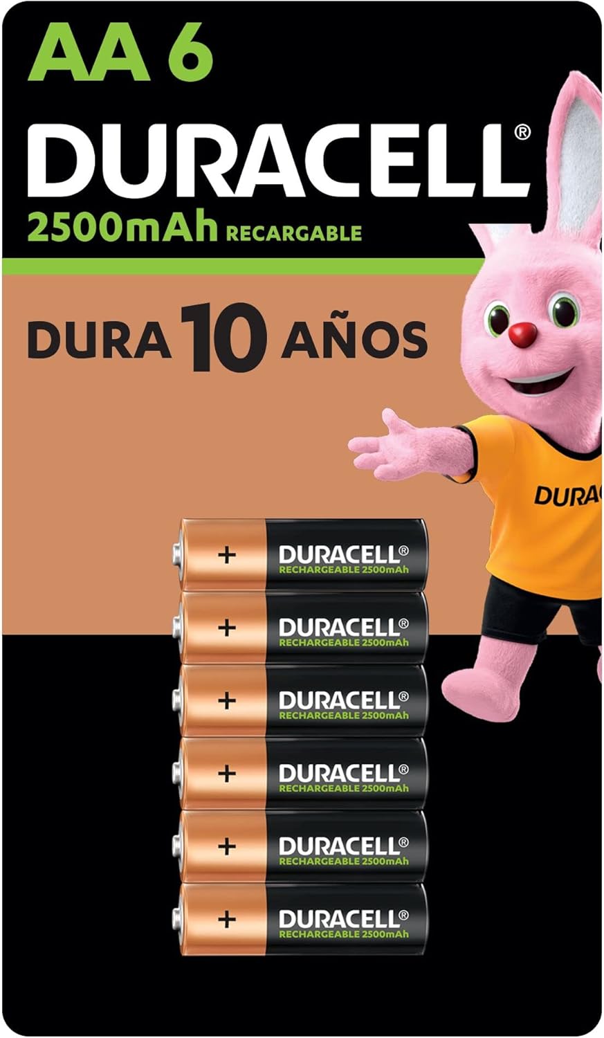 DURACELL – Pilas AA recargables NiMH 2500mAh 1.2V, paquete con 6 pilas recargables (pre-cargadas)