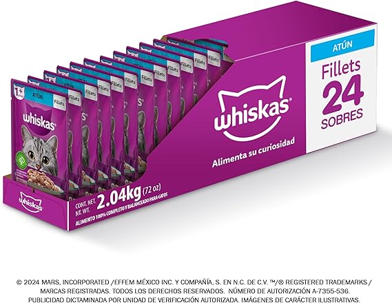 Whiskas Alimento Húmedo para Gatos, Sabor Filetes De Atún 85g  24 pzas