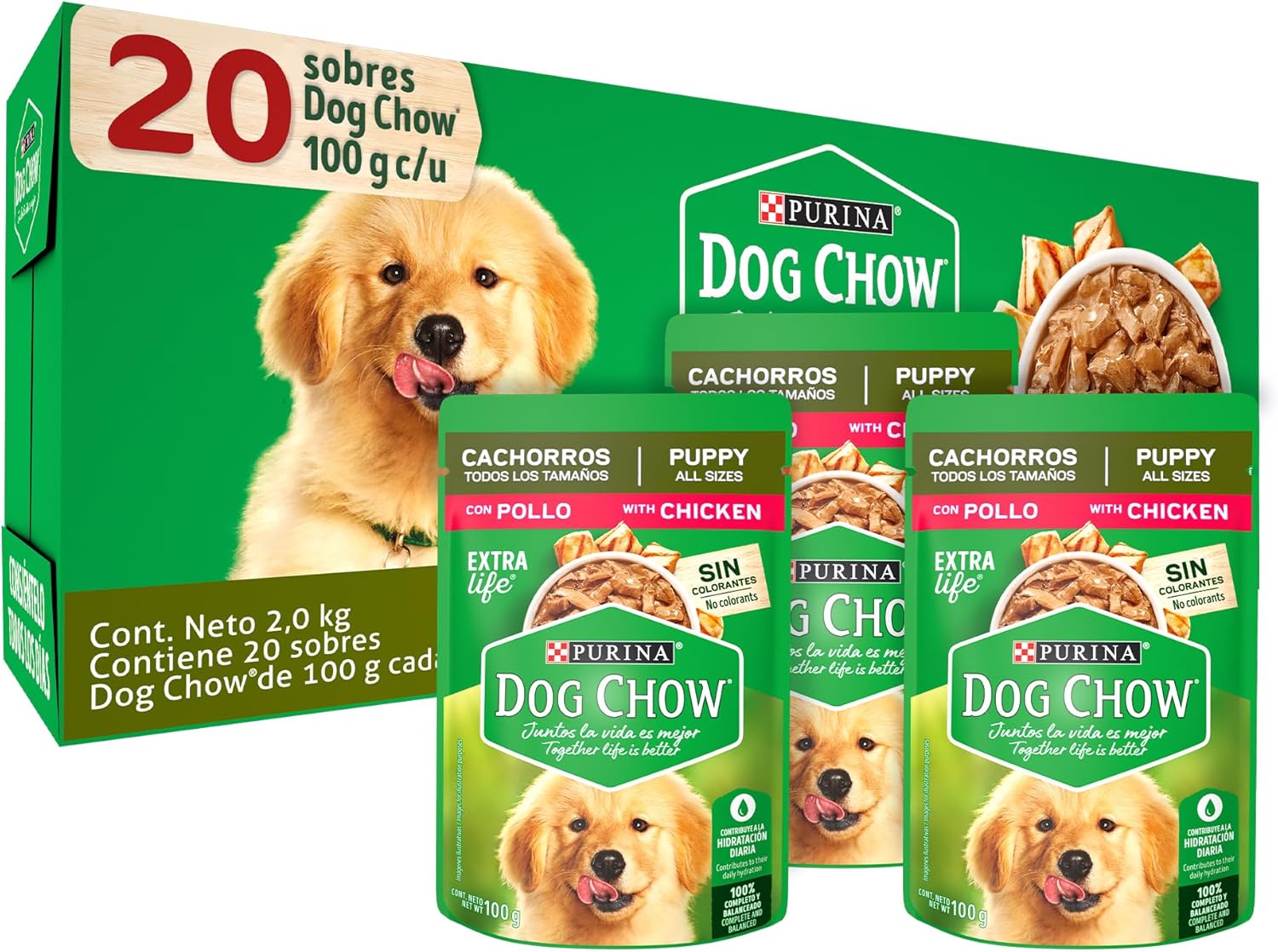 Purina Dog Chow Pouches Alimento Húmedo Cachorros Pollo, Paquete con 20 Pzas de 100g