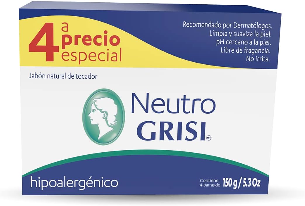 GRISI, Jabón Neutro, limpia y suaviza la piel, 4 barras de 150 gr