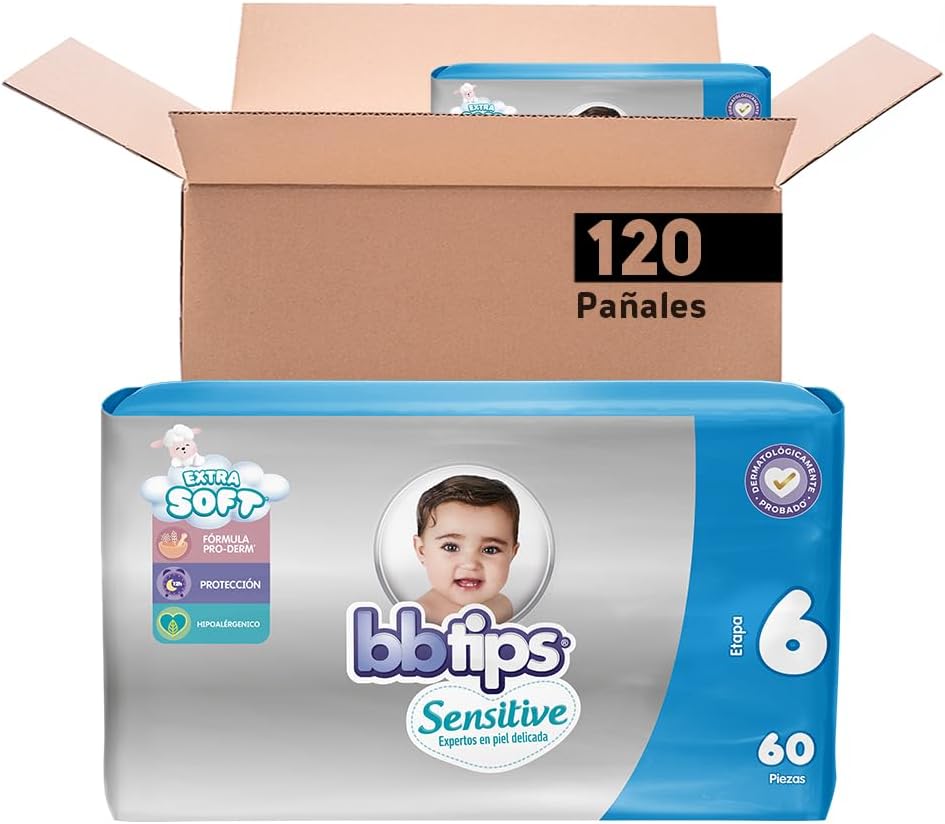 Bbtips Pañal Bebé Sensitive Talla 6 Xl-Grande 120 Piezas, 120 Count