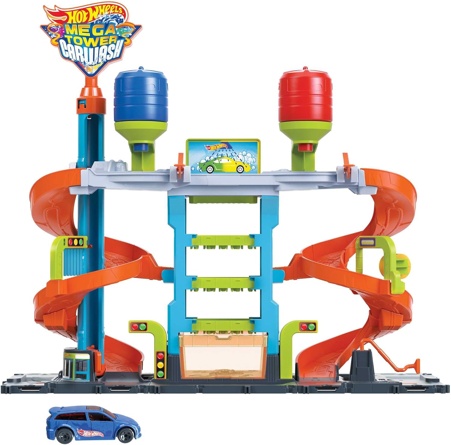 Hot Wheels, Pista de Juguete, Autolavado Mega Torre, City