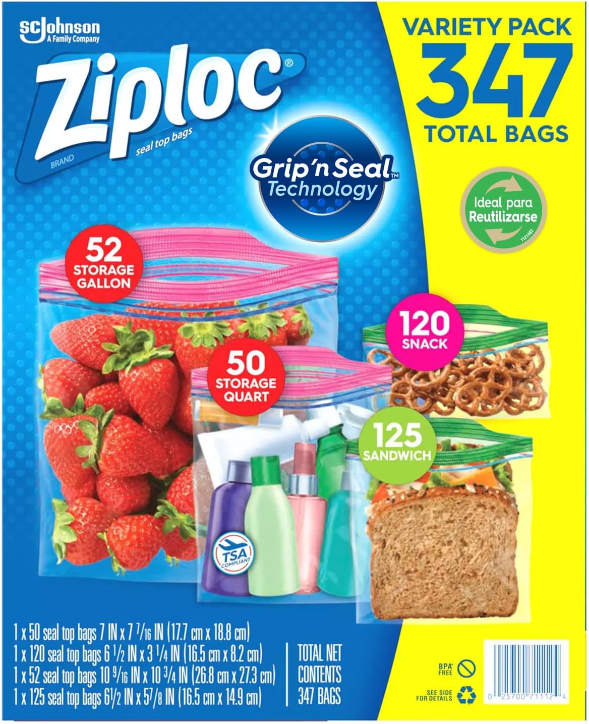 Ziploc Bolsas Reutilizables, Pack Variado, 347 bolsas