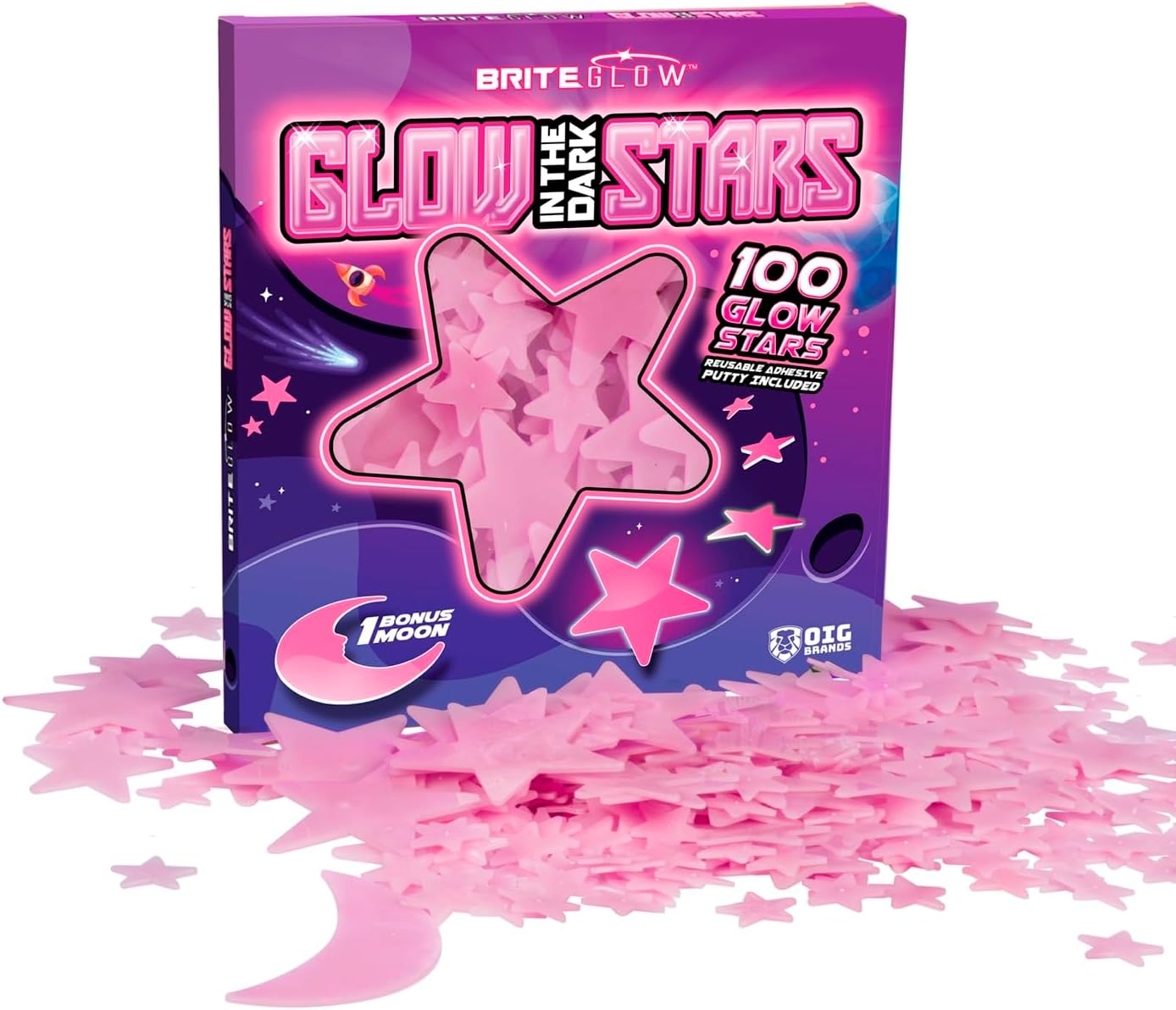 100 estrellas rosadas 3D que brillan en la oscuridad para techo y paredes