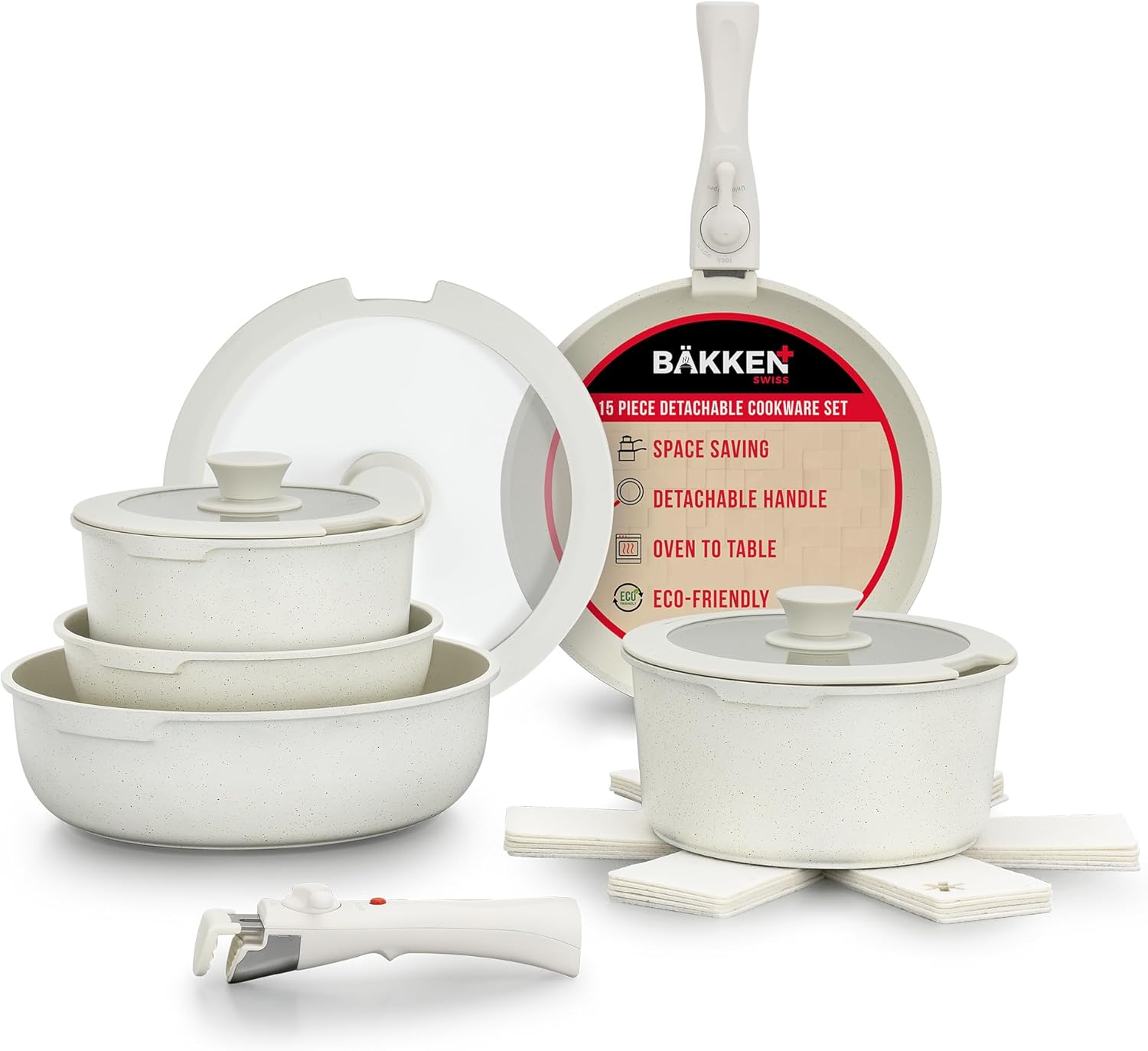 Bakken 15-Piece Non-Stick Cookware Set with Detachable Handles