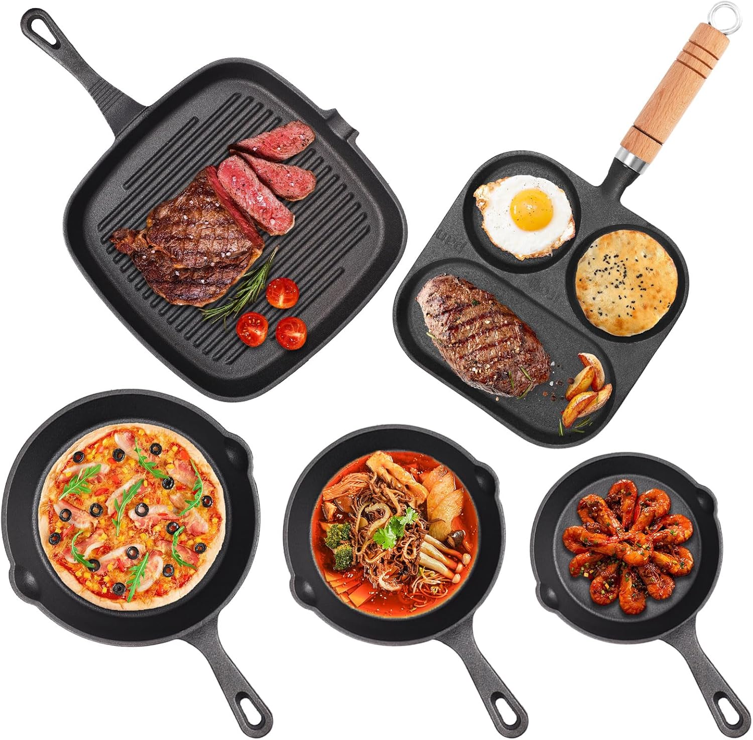 Sartenes de Hierro Fundido 14, 16, 20cm Sartén Plana, 24cm Sartén para Bistec, 19cm Sartén de Tres Orificio