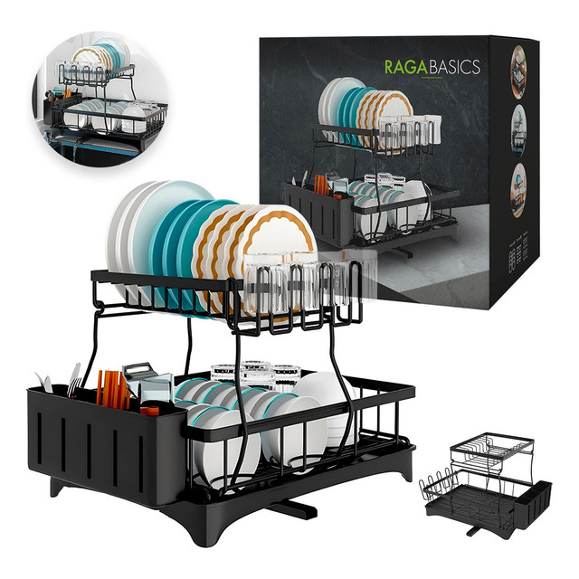Mercado libre: Escurridor Trastes Pro 2 niveles bandeja con canaleta 360° color negro