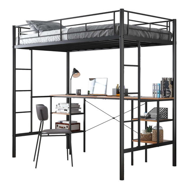 Litera Base Cama Individual Escritorio Y Estación De Carga Color Negro Fabato