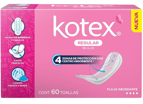 Kotex regular Sin Alas, Toalla Femenina, Paquete 60 Toallas