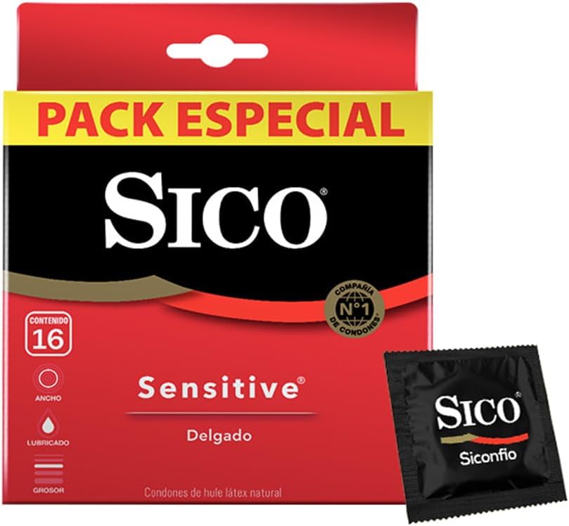 Sico Sensitive, condones de hule látex natural, cartera con 16 piezas