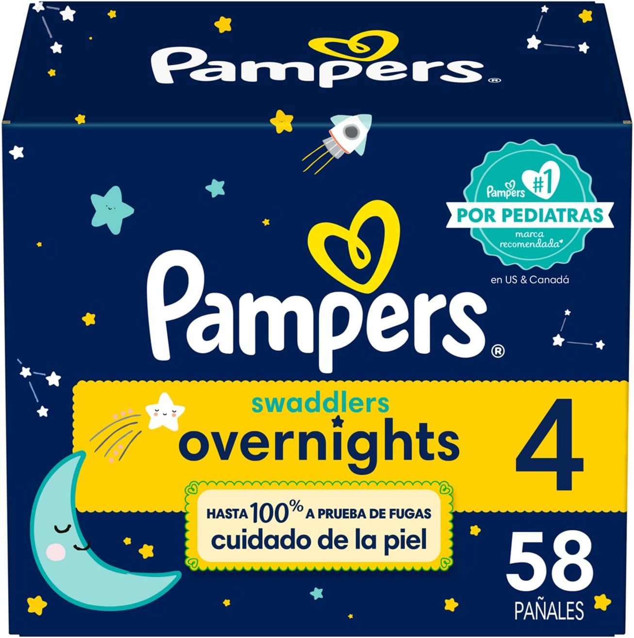 Pampers Overnight – Pañales Etapa 4, 58 Piezas. Para bebés de 10 a 17 Kg.