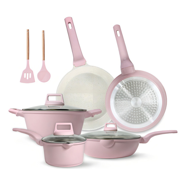 Bateria De Cocina, Juego De Ollas Y Sarten 10 Piezas Rosa