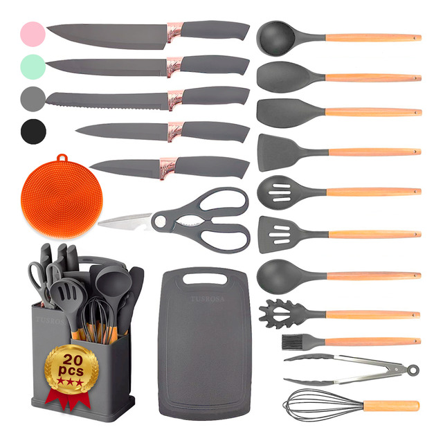 Juego De Utensilios Cocina De Silicona Cuchillos 19 Piezas