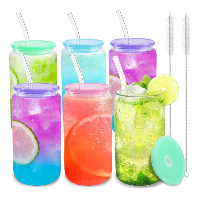 Juego De 6 Vasos De Vidrio Con Tapa Acrílica De Colores