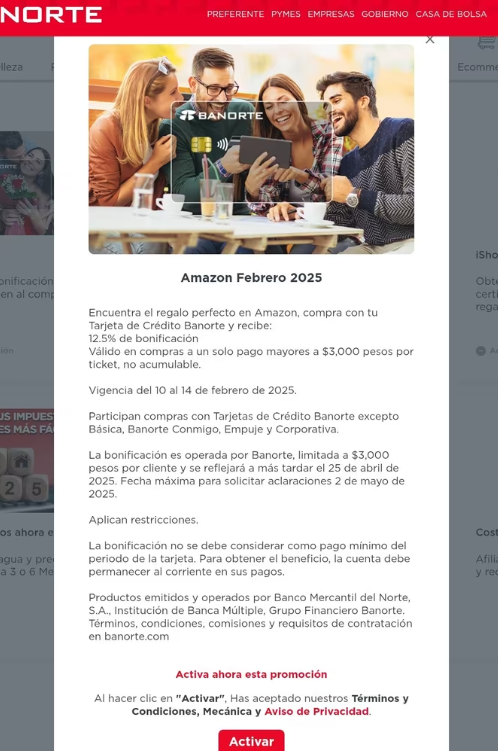 Banorte: 12.5% de bonificación en Amazon del 10 al 14 de Febrero