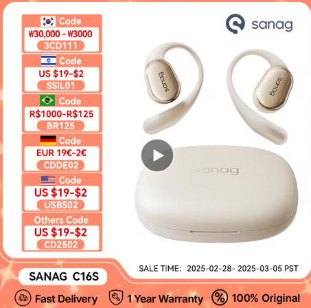 Aliexpress:  Sanag C16S Bluetooth 5,4 auriculares inalámbricos de oído abierto OWS