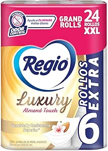 Papel Higiénico Regio Luxury Almond Touch, Hojas Dobles, 18 rollos + 6 gratis
