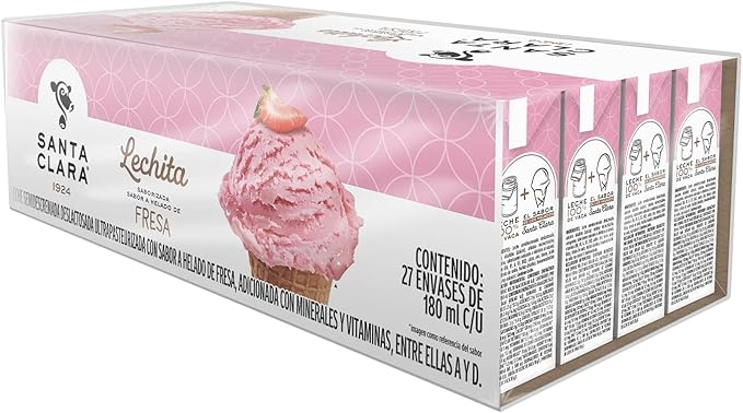 Santa Clara 27 Pack Leche Sabor Helado de Fresa 180 ml cada uno.