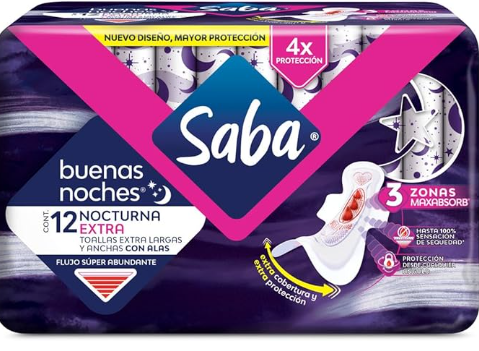 Saba Buenas Noches Extra, Toallas Femeninas 12 pzs