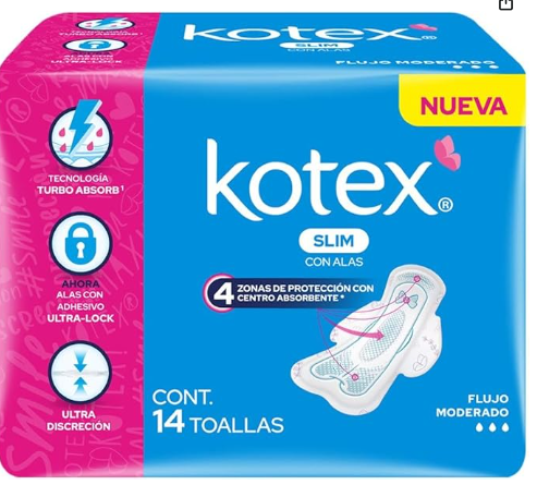 Kotex Slim Con Alas, Toalla Femenina, Paquete con 14 Toallas