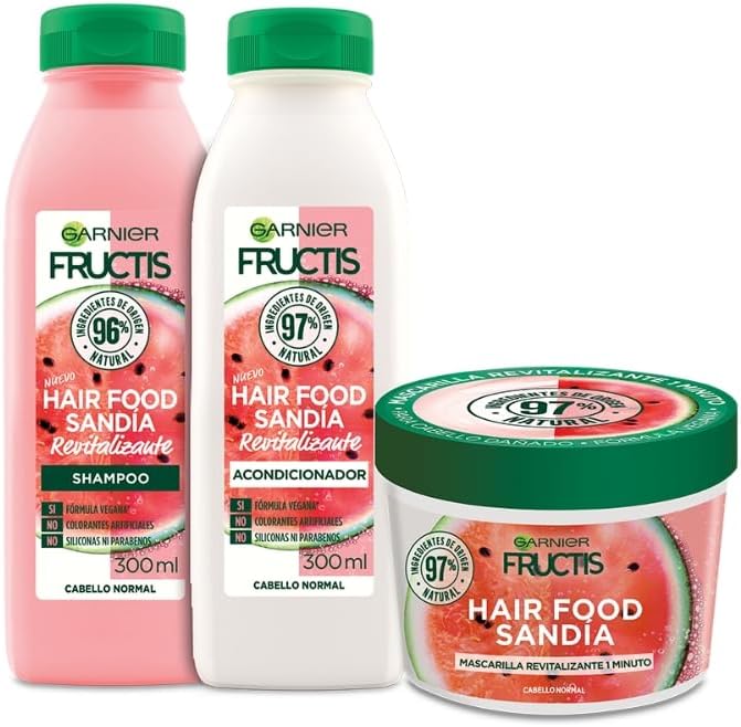 Kit Garnier Fructis Hair Food Sandia Rutina Completa Revitalizante para cabello normal: shampoo, acondicionador y mascarilla, 3 piezas