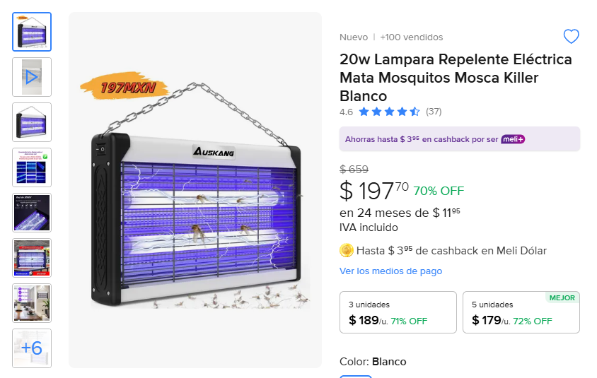 Lampara Repelente Eléctrica Mata Mosquitos Mosca Killer Blanco