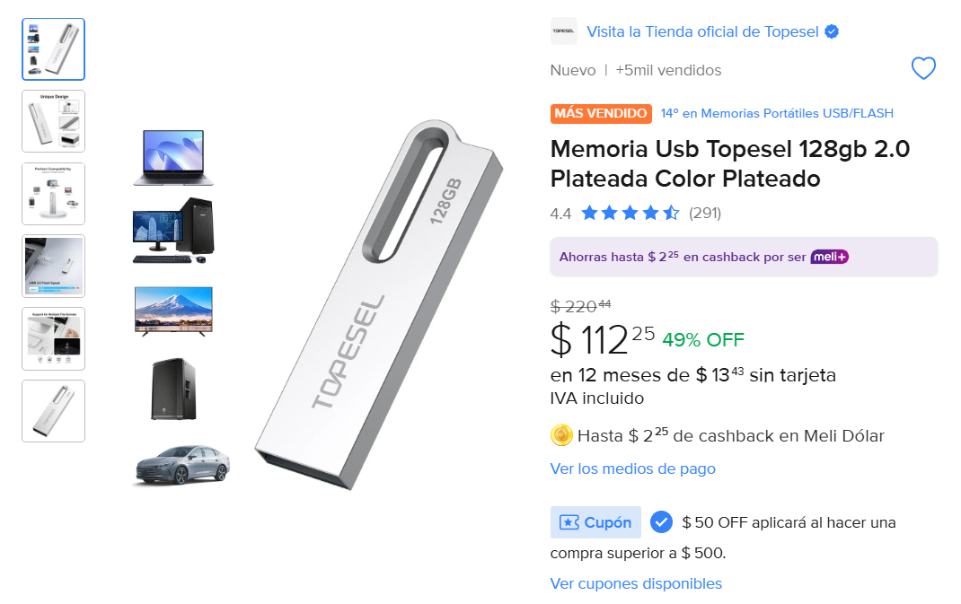 Memoria Usb Topesel 128gb 2.0 Plateada Color Plateado
