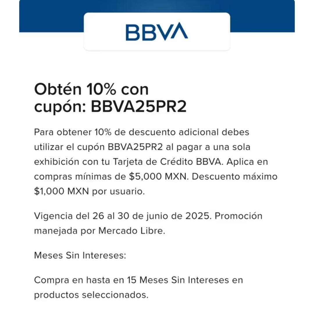 Mercado Libre: 10% de descuento a 1 exhibición o 15 MSI con TDC BBVA