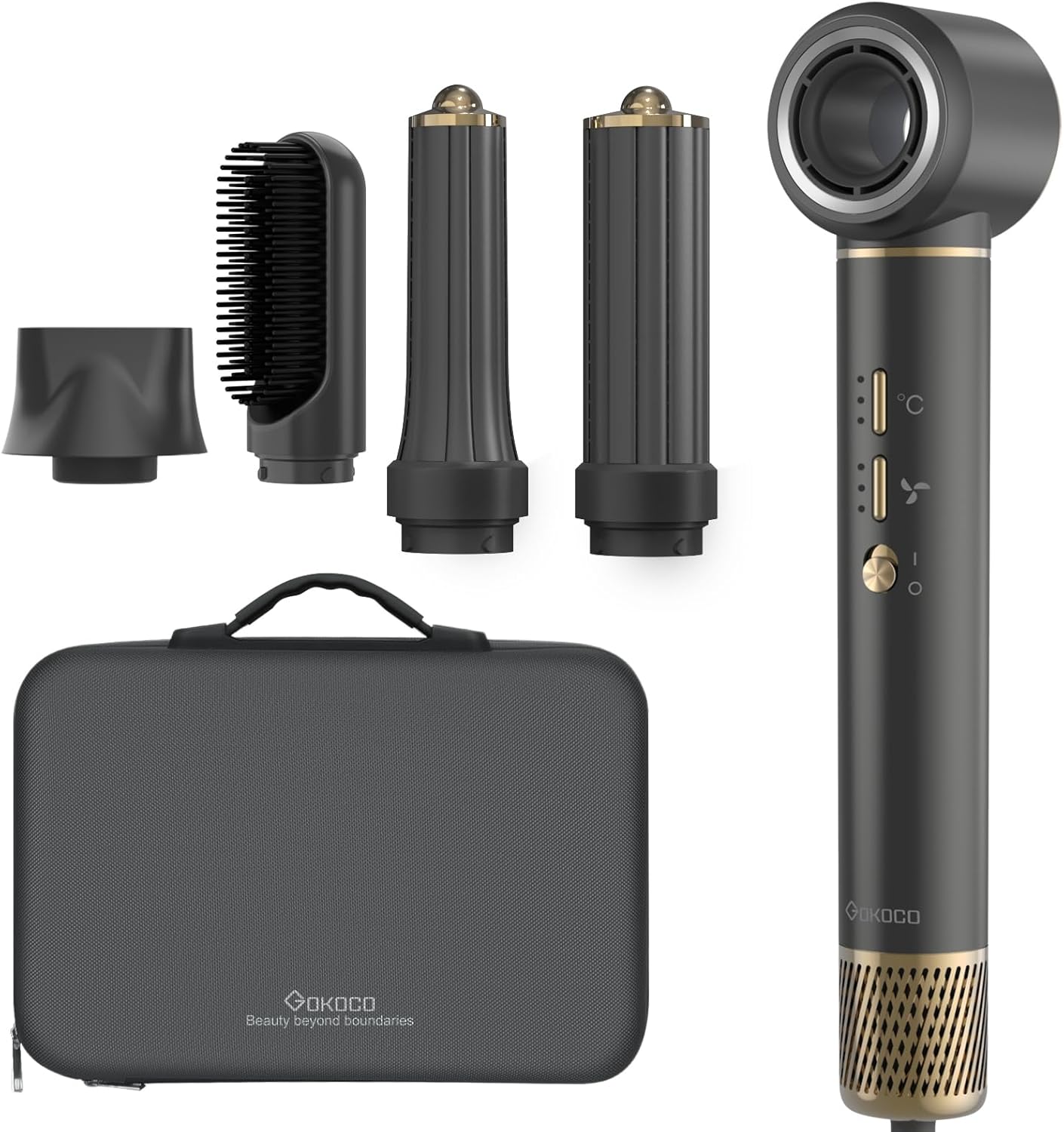 Secador de Pelo Profesional 5 en 1 – Boquillas + Cepillo + Rizador de Pelo, iónico Negativos Secador Kit 1600W Poco Ruido, Temperatura Ajustable y Velocidades para Rizar, Voluminizar y Alisar, Gris