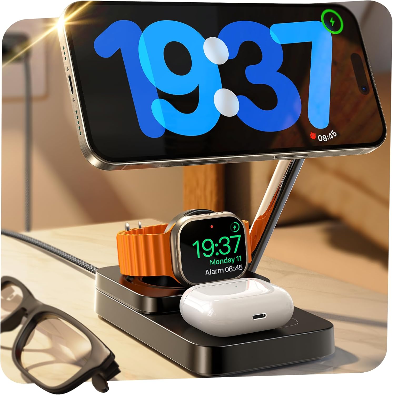 LISEN Soporte de Cargador 3 en 1 Inalámbrico para iPhone Magsafe 15W