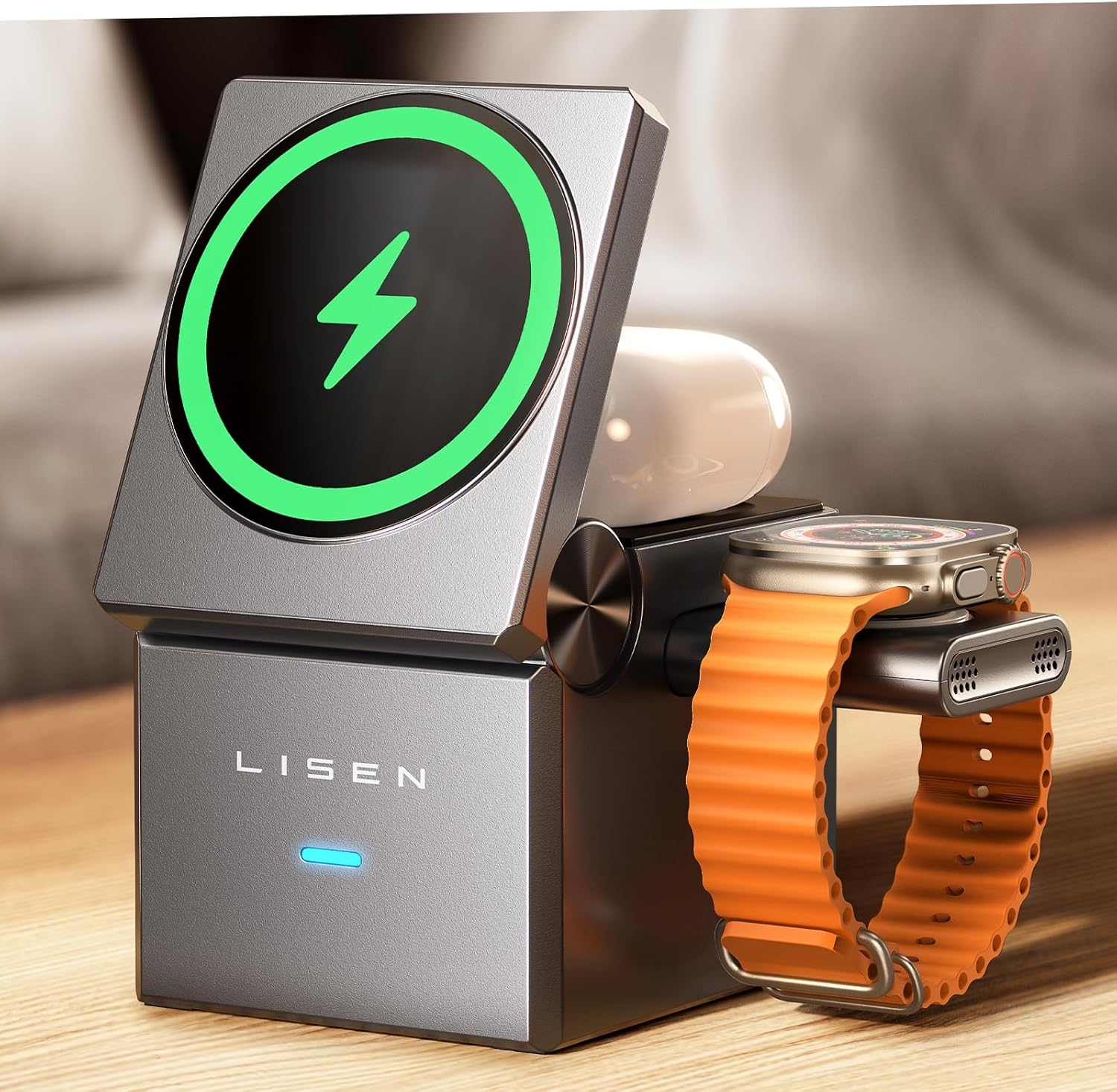 LISEN 3 en 1 Cargador Inalámbrico Plegable Magnética 15W