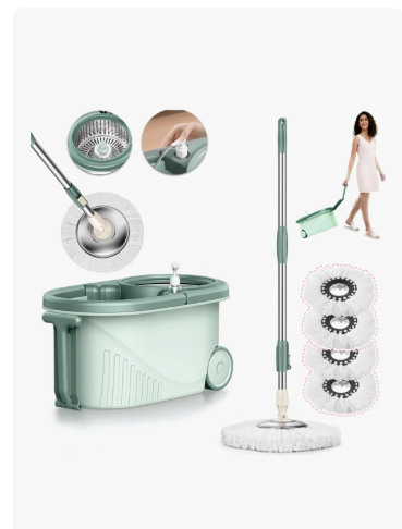 Trapeador Giratorio Con Cubeta Exprimidor 4 Paños Microfibra Verde