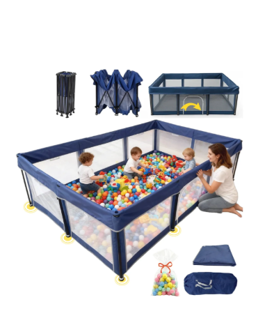 Corralito De Juegos Bebé 120×180cm Plegable, Bolas Y Tapete Azul Oscuro Color Sólido