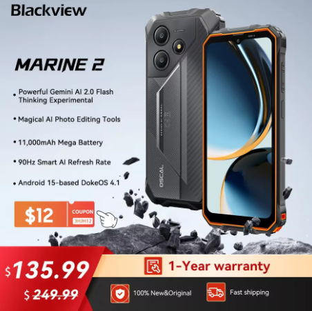 Blackview OSCAL Marine 2 Smartphone robusto AI, pantalla HD+ de 6,56 pulgadas, Unisoc T615, 24(8+16)GB 256GB, 11000mAh, teléfono Android 15 NFC