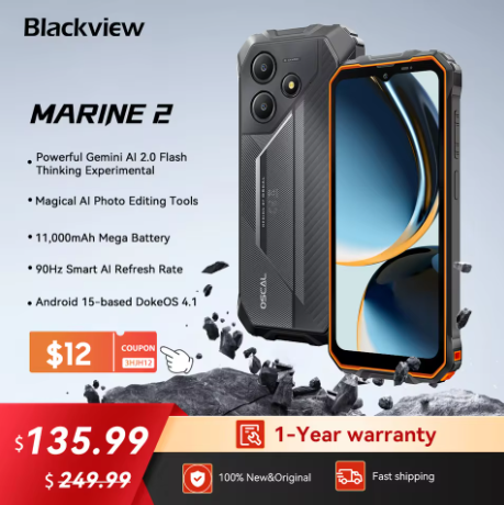 Blackview OSCAL Marine 2 Smartphone robusto AI, pantalla HD+ de 6,56 pulgadas, Unisoc T615, 24(8+16)GB 256GB