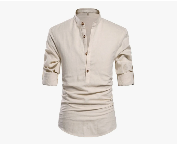 Camisa Cuello Mao Lino Hombre Casual Slim Fit Manga Larga