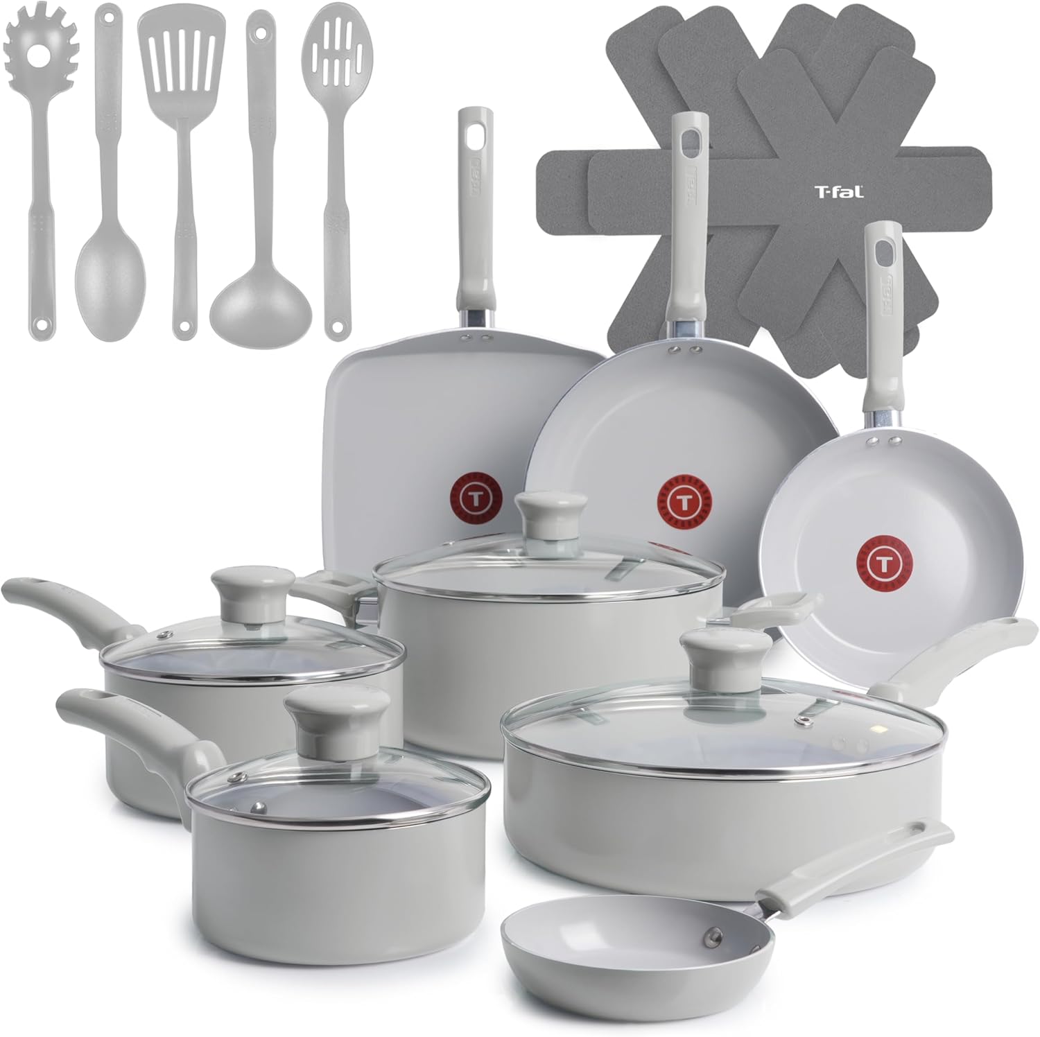 T-Fal Bateria de Cocina Refresh de Cerámica, con Sartenes y Ollas antiadherentes, 20 piezas