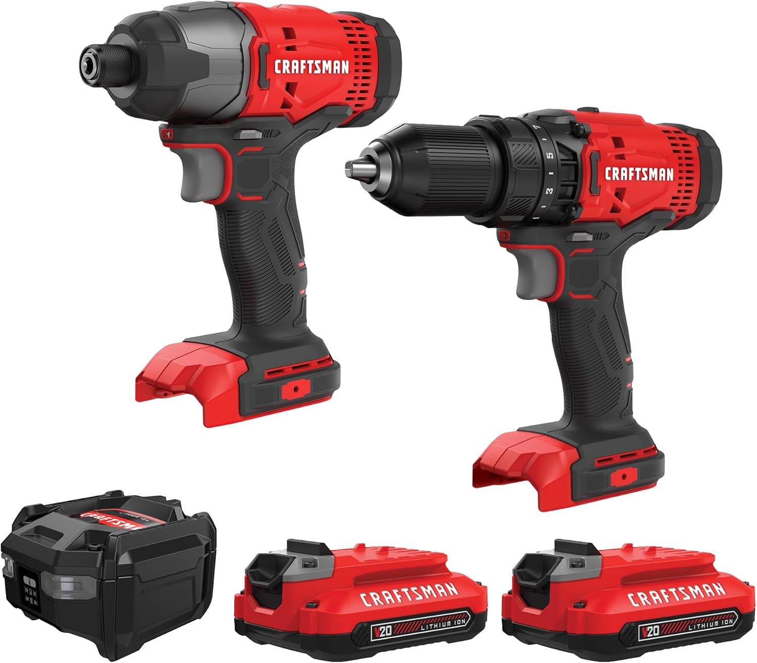 CRAFTSMAN Kit Taladro Inalámbrico y Atornillador de Impacto, 20V, Incluye 2 Baterías y Bolsa de Herramientas