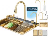 Fregadero de Cocina de lujo Multifuncional Oro cepillado con Grifo Extraíble