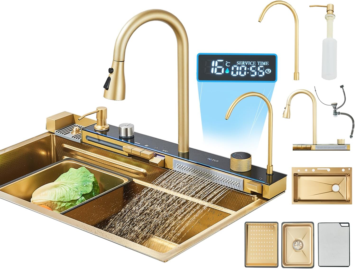 Fregadero de Cocina de lujo Multifuncional Oro cepillado con Grifo Extraíble