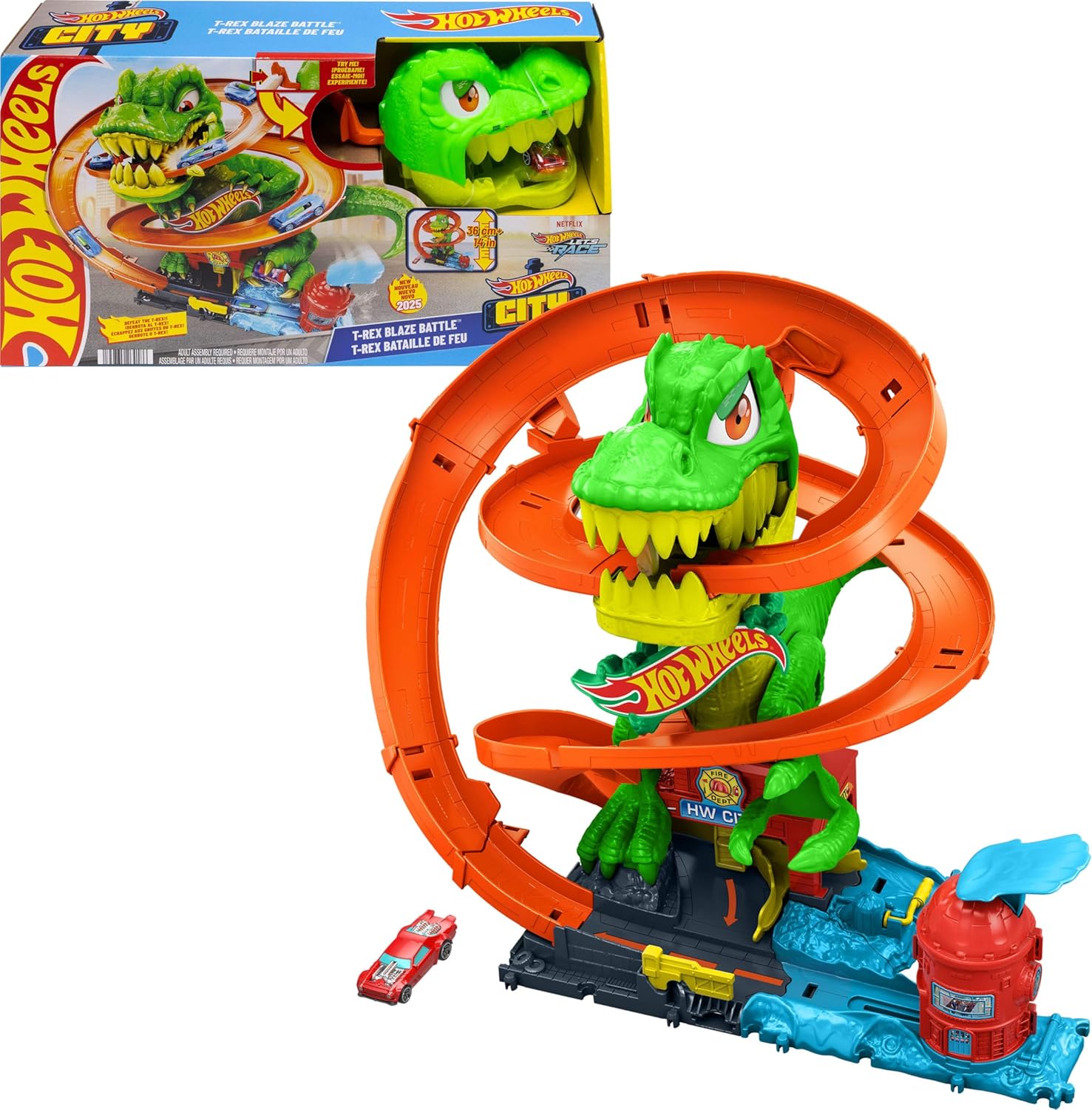 Hot Wheels City Pista de Juguete T-Rex vs Estación de Bomberos