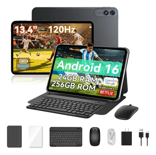 Tablet Tabwee T60 Pro de 13.4 pulgadas 24 GB+256 GB Android 16 Batería 10000 mAh Color negro 120HZ