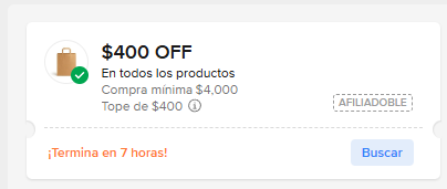Cupon Mercado Libre: | $400 OFF | Min. $4000