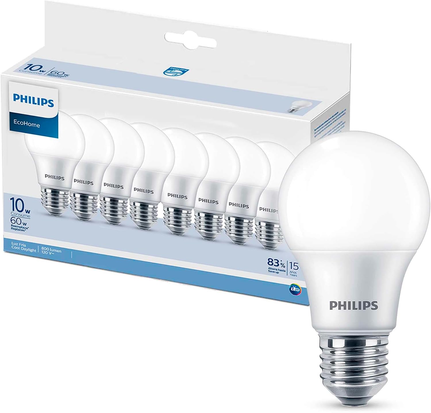 Philips LED EcoHome Paquete de 8 Focos 10W Luz Fría, Ahorro de Energía
