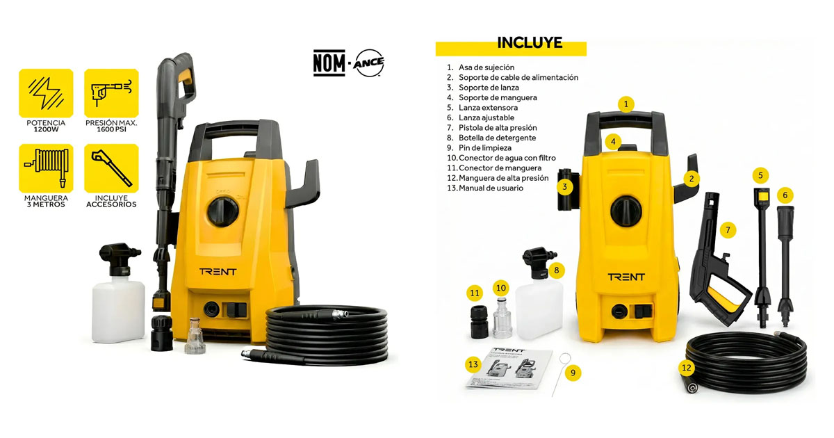 Hidrolavadora Electrica 1200w 1600 Psi Alta Presion Amarillo 60hz Carros