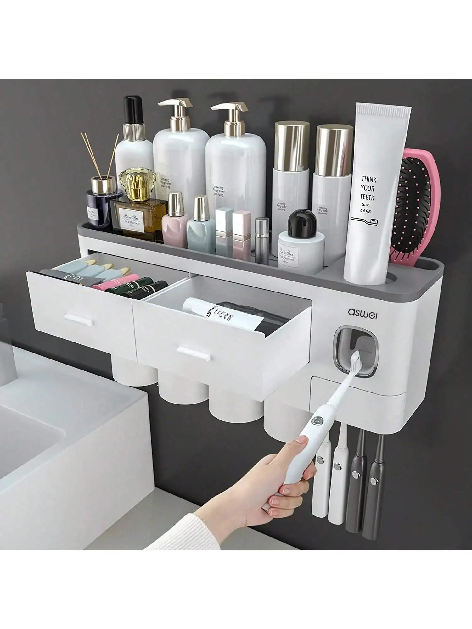 Organizador Baño 2en1: Soporte Cepillos + Exprimidor Pasta