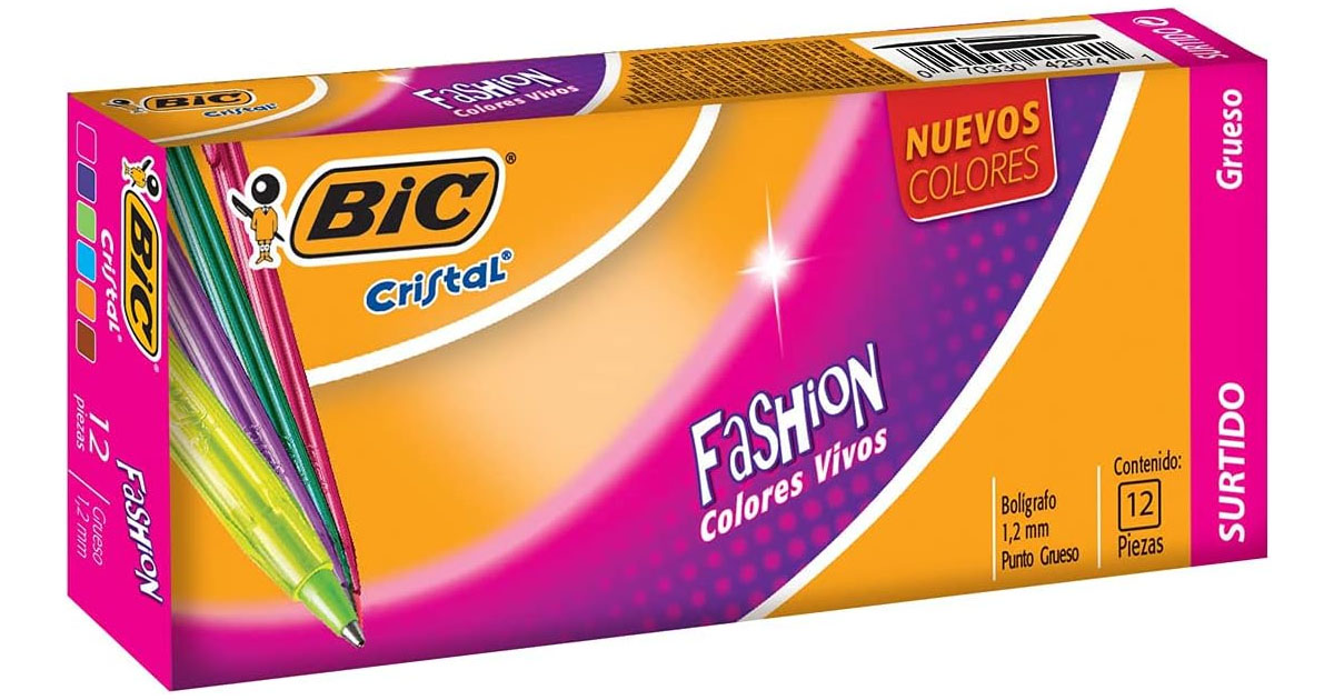 Bolígrafos Cristal Fashion (12pzas) Punto Grueso 1.2 mm Barril Hexagonal Colores Vivos Escritura Suave