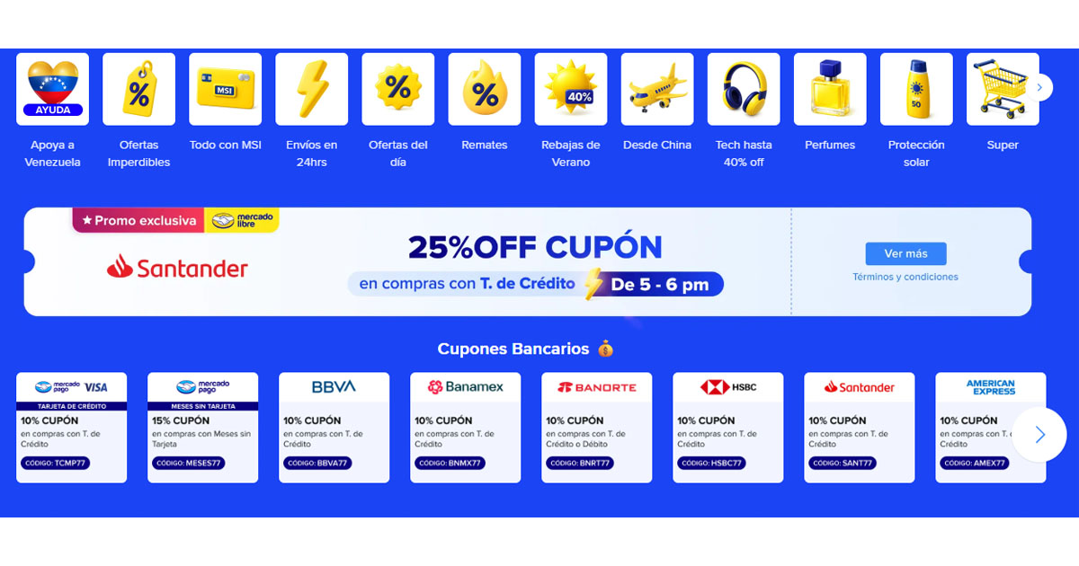 Mercado Libre: Cupón de 25% con tu Tarjeta de Crédito Santander | compra min. $7,000 MXN